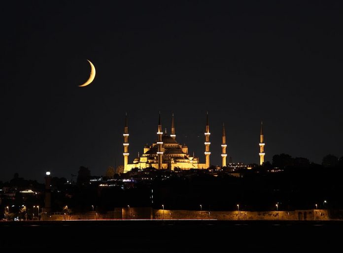 Sultanahmet mosque and crescent during Ramadan in Istanbul/Turkey. .